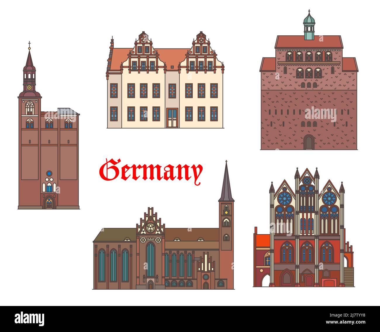 Gebäude in Deutschland, Tangermunde, Stendal und Havelberg, Wahrzeichen der Vektorarchitektur. Deutschland Sachsen Anhalt Architektur der St. Nikolaus Kirche oder Sankt Nikolaus Dom, St. Stephan kirche und Rathaus Stock Vektor