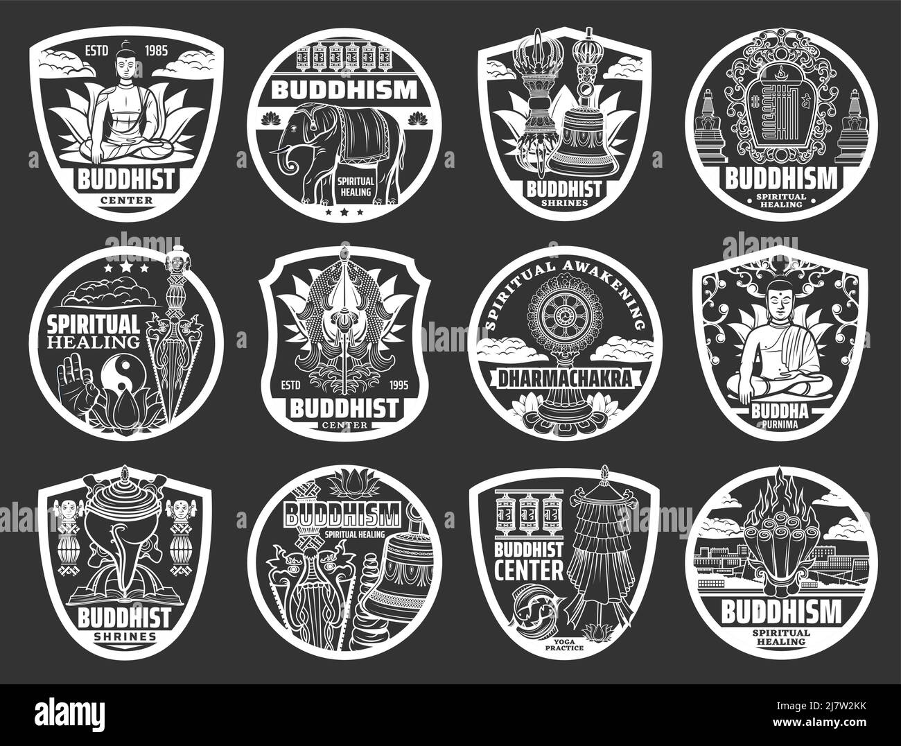 Buddhismus Religion Symbole, buddhistische Zeichen der Meditation und Zen, Vektor-Symbole. Buddhistische Schreine und Tempel, Yin Yang Zeichen, Hakenkreuz, Lotus und Dharma Rad, buddhistische Praxis und spirituelle Heilung Stock Vektor
