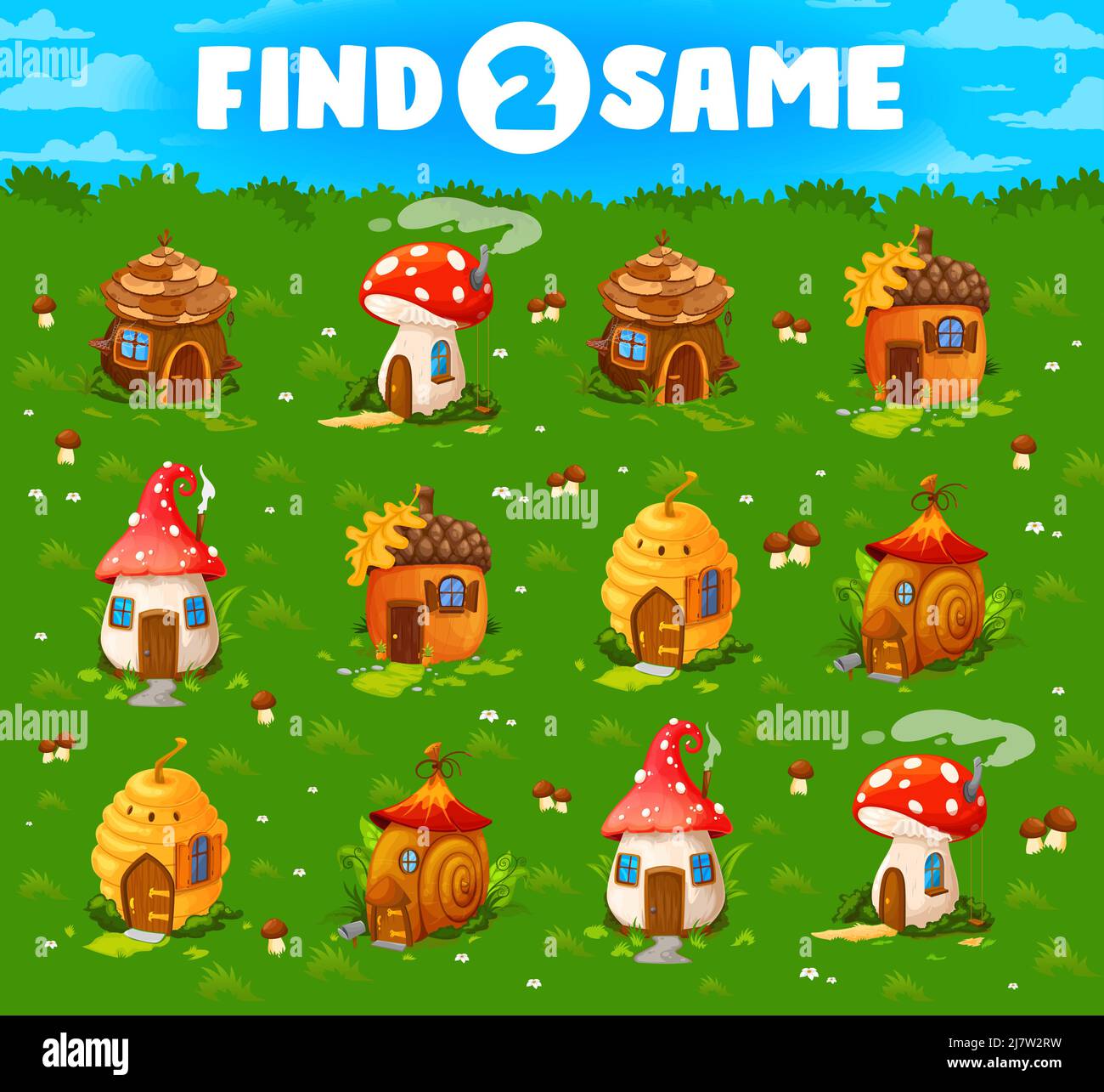 Finden Sie zwei gleiche Märchen Cartoon Häuser Kinder Spiel Arbeitsblatt. Kinderquiz im Vorschulalter, Unterschiede, die der Spielaktivität entsprechen, oder logische Rätsel für Kinder mit Ähnlichkeitssuche. Kinder pädagogische Puzzle Stock Vektor