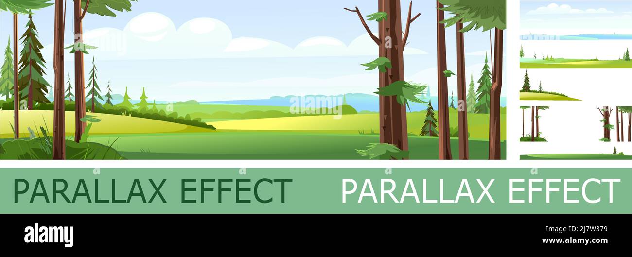 Panoramablick vom Nadelwald mit Parallax-Effekt. Schöne Sommerlandschaft mit Bäumen. Grüne Kiefern und aß. Illustration im Cartoon-Stil Stock Vektor