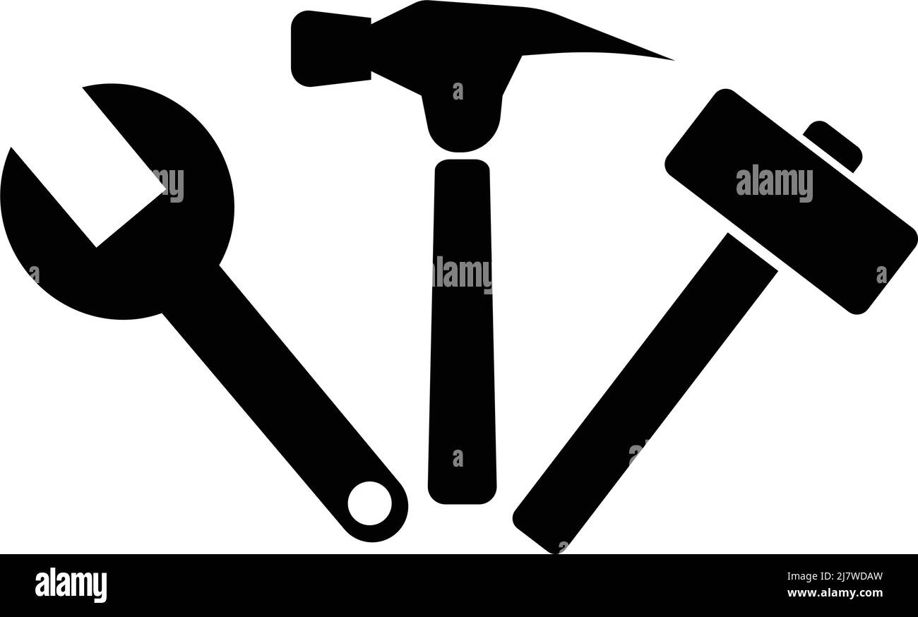 Schraubenschlüssel und Hammer Silhouette Icon Set. Bearbeitbarer Vektor. Stock Vektor