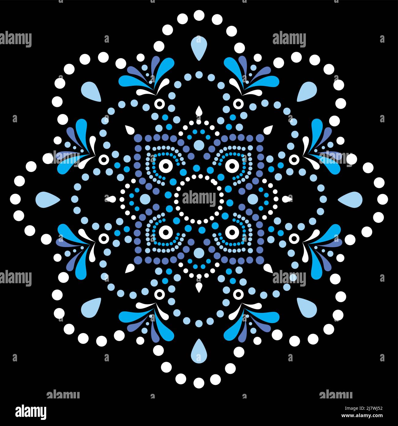Australisches Mandala-Vektordesign für Volkskunst, traditionelle Dekoration der Aborigines in Blau und Weiß auf schwarzem Hintergrund. Stock Vektor