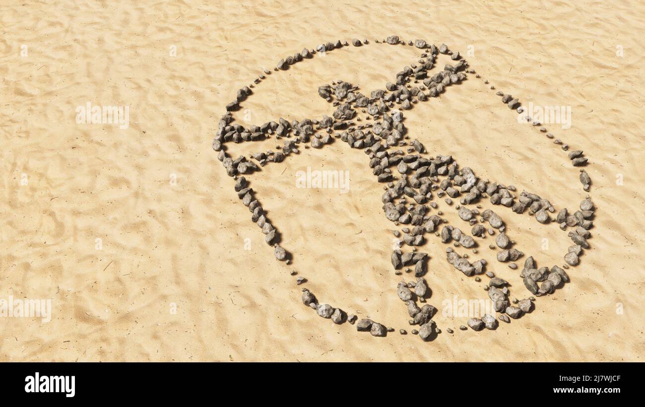 Konzept- oder Konzeptsteine am Strand Sand handgemachte Symbolform, goldener sandiger Hintergrund, Zeichen des vitruvius-Mannes. Stockfoto