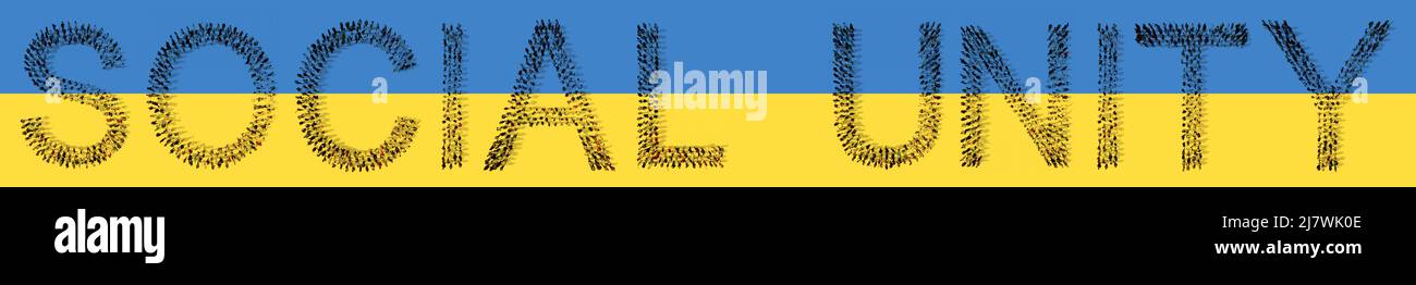 Konzept konzeptuelle Gemeinschaft von Menschen, die soziale EINHEIT Slogan auf ukrainischer Flagge bilden. 3D Illustration Metapher für Solidarität und Nationalismus, Einheit Stockfoto