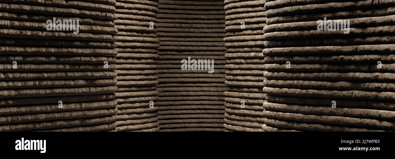 3D bedruckte Betonsäulen, architektonisches Hintergrundbanner Stockfoto