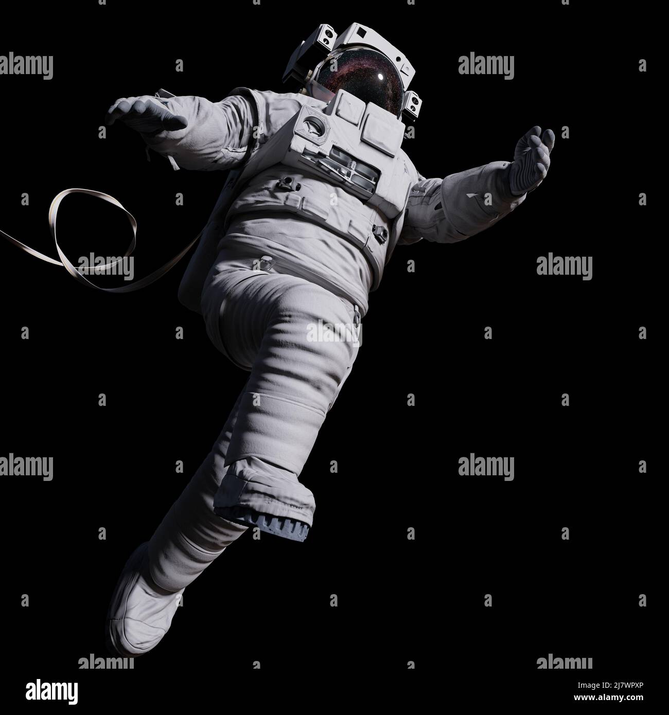 astronaut mit Sicherheitskabel im Weltraum, isoliert auf schwarzem Hintergrund Stockfoto