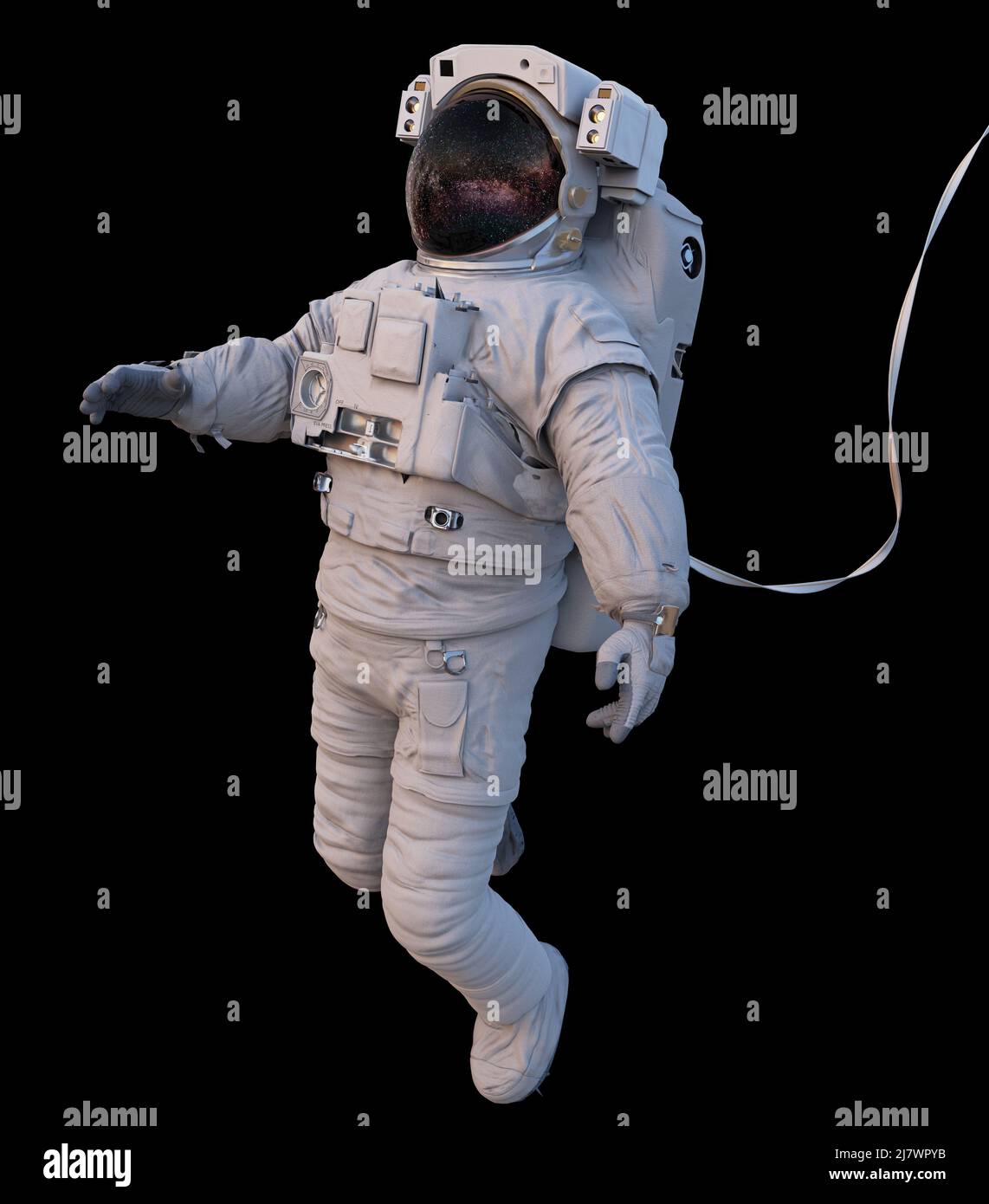 astronaut mit Sicherheitskabel im Weltraum, isoliert auf schwarzem Hintergrund Stockfoto