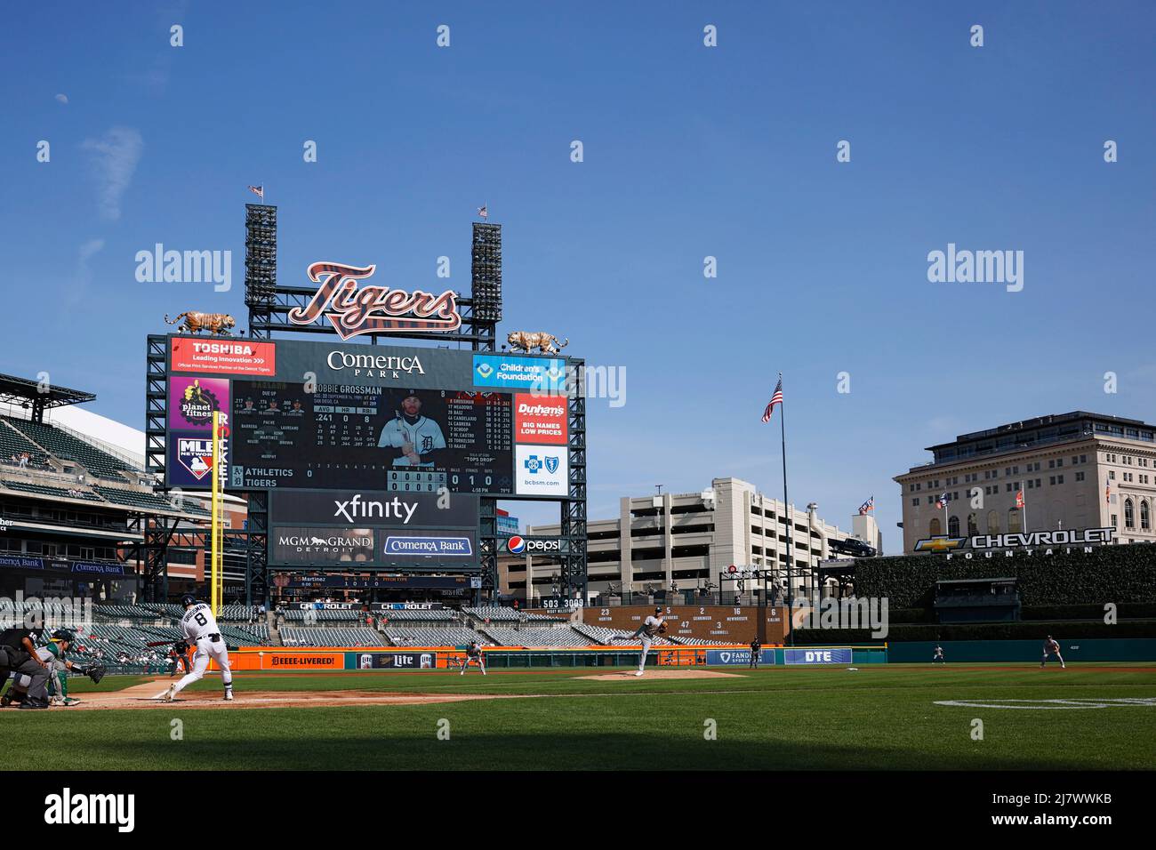 DETROIT, MI – 10. MAI: Die Detroit Tigers spielen am 10. Mai 2022 im Comerica Park in Detroit, Michigan, gegen die Oakland Athletics. (Joe Robbins/Image of Sport) Stockfoto