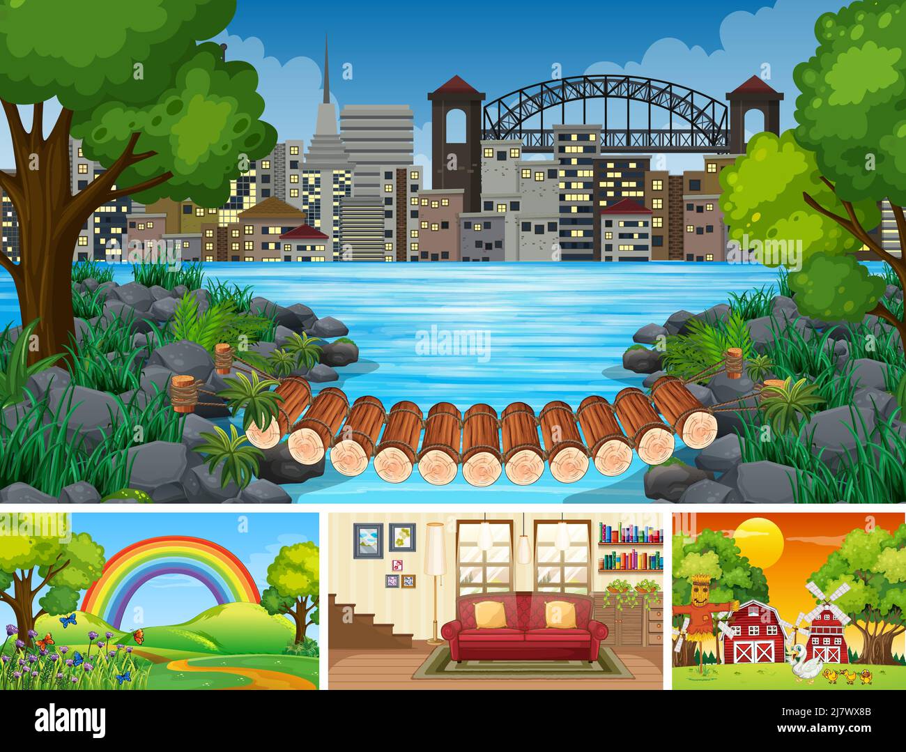 Vier Szenen mit Park- und Gebäudetafel Stock Vektor
