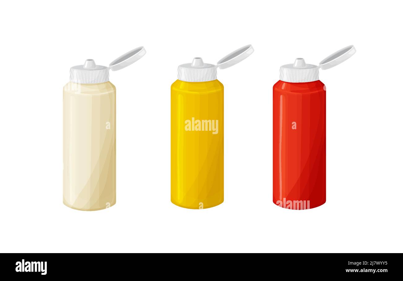 Flaschen Mayonnaise, Ketchup, Senfsauce mit Deckel in realistischem Stil Stock Vektor