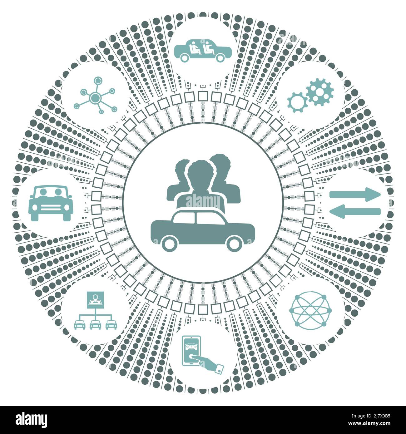 Konzept des Carsharing mit verbundenen Symbolen Stockfoto