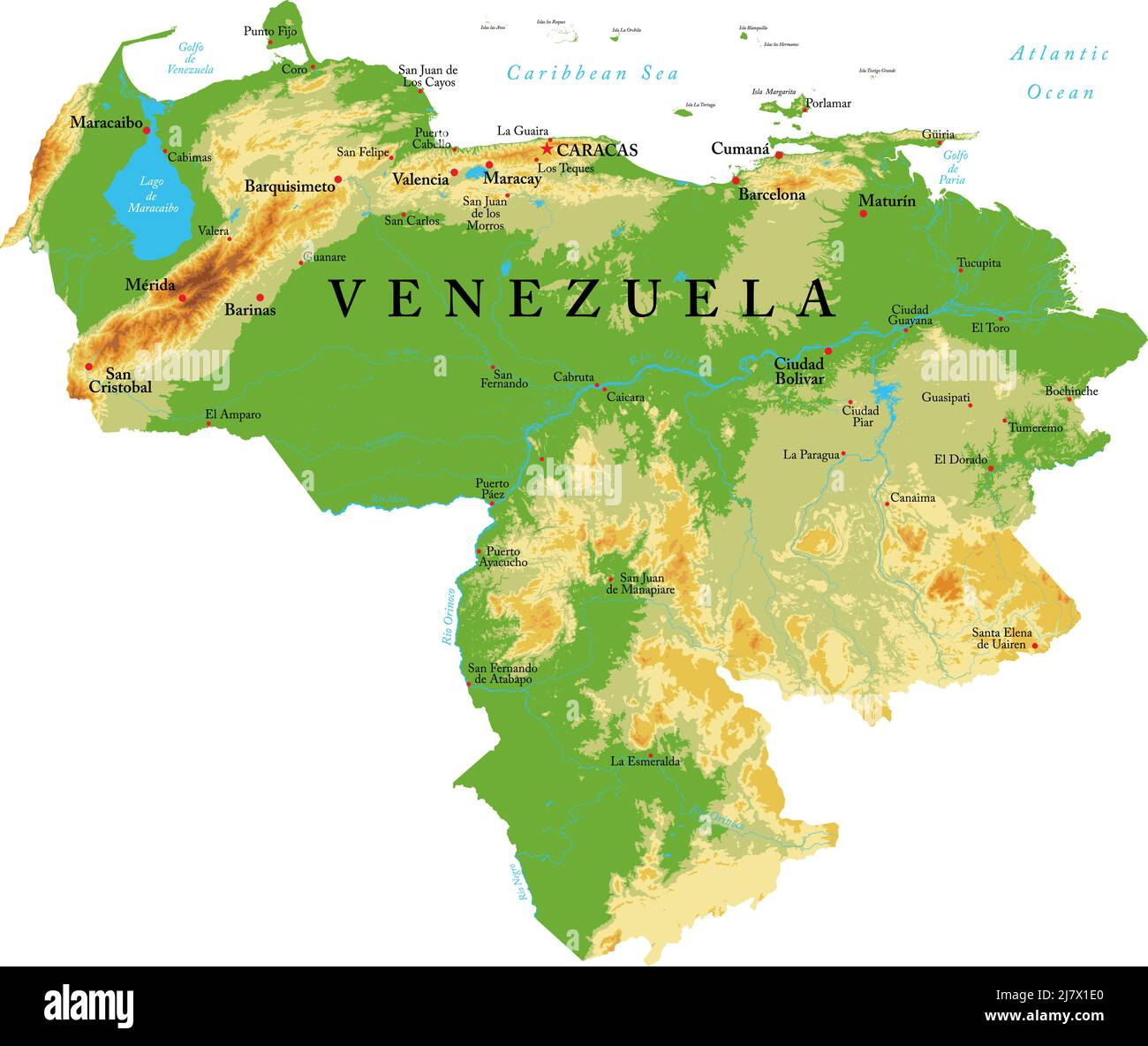 Sehr detaillierte physische Karte von Venezuela im Vektorformat, mit allen Reliefformen, Regionen und großen Städten. Stock Vektor