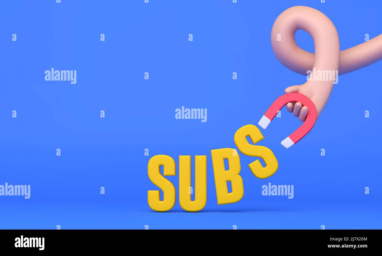 Die Hand hält einen Magneten, der mehr Abonnenten in den sozialen Medien anzieht. 3D Rendering Stockfoto