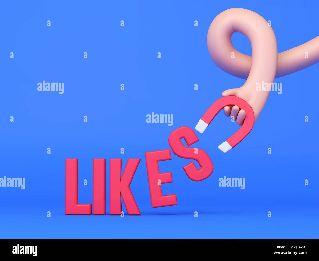 Die Hand hält einen Magneten, der mehr Social-Media-Vorlieben anzieht. 3D Rendering Stockfoto