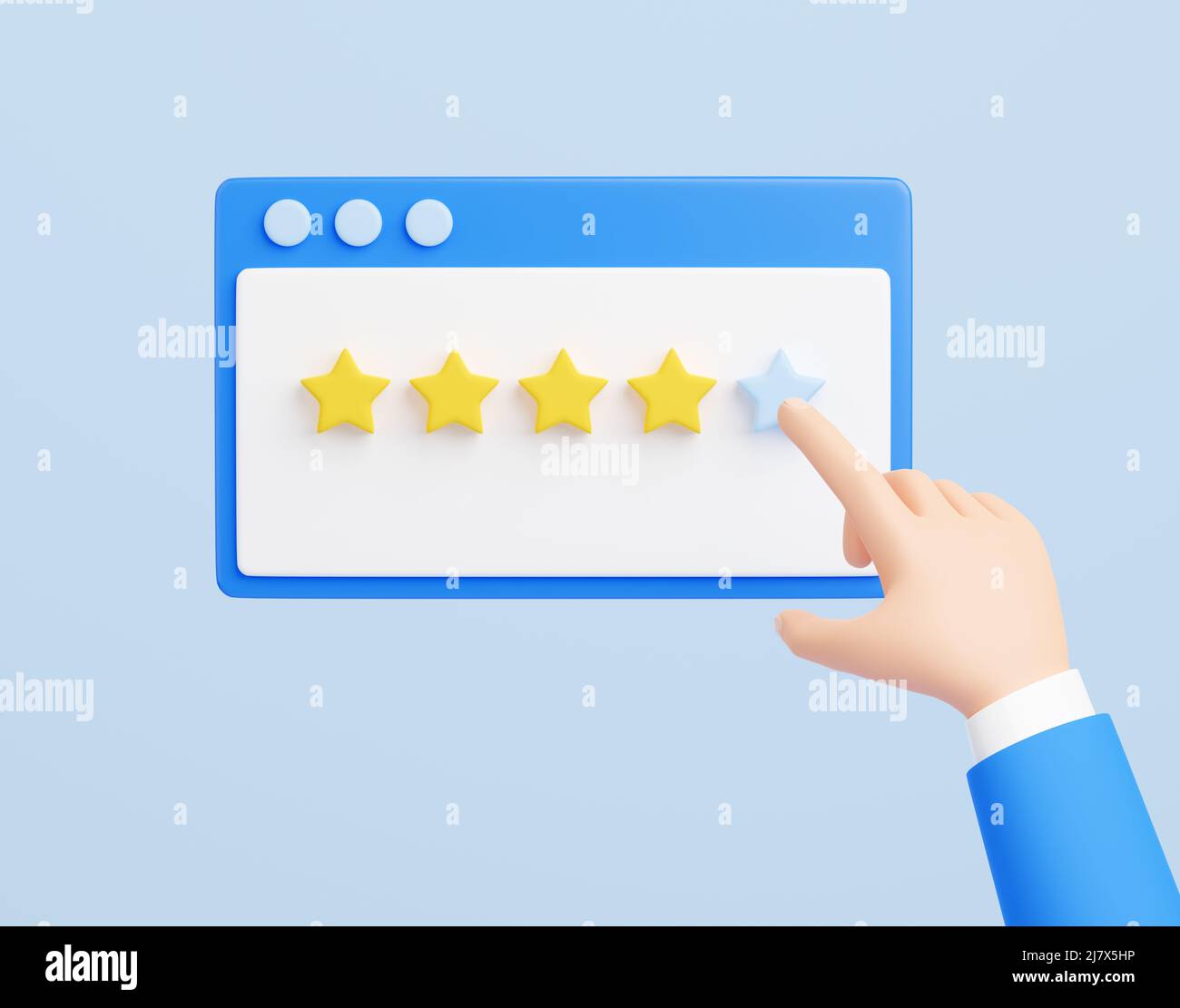 Kundenbewertung 3D Render - menschliche Hand markiert 5 Sterne im Webbrowser. Positives Kundenerfahrungskonzept. Meinung und Zufriedenheit der Kunden für RE Stockfoto