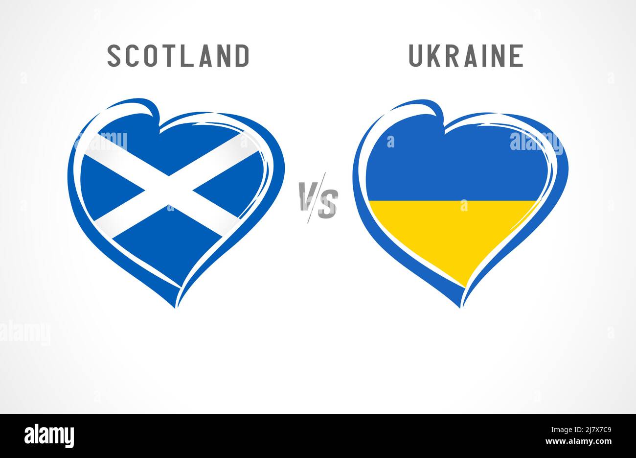 Schottland gegen die Ukraine, Flaggenemblem. Fußball der Nationalmannschaft auf weißem Hintergrund. Schottische und ukrainische Nationalflagge im Herzen, Vektorgrafik Stock Vektor