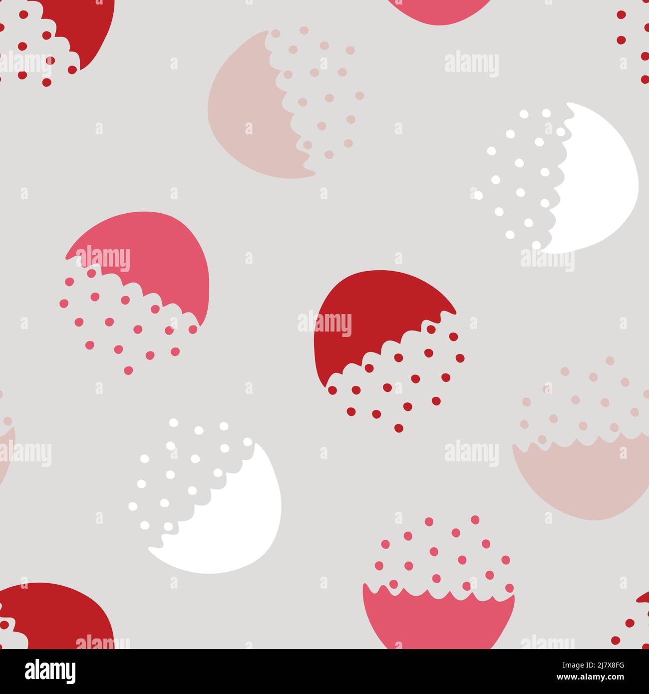 Nahtloses Vektormuster mit halbierten Kreisen und Punkten auf grauem Hintergrund. Hellblaues Tapetendesign mit abstrakt gepunkteten Schalen. Stock Vektor