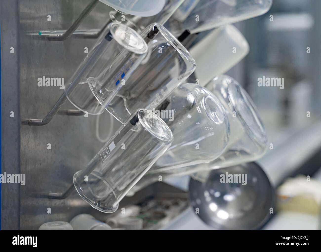 Laborgeräte, die nach dem Reinigen getrocknet werden. Kolben, Messbecher in Nahaufnahme. Klarglas-Flasche im Forschungslabor für Chemiewissenschaften Stockfoto