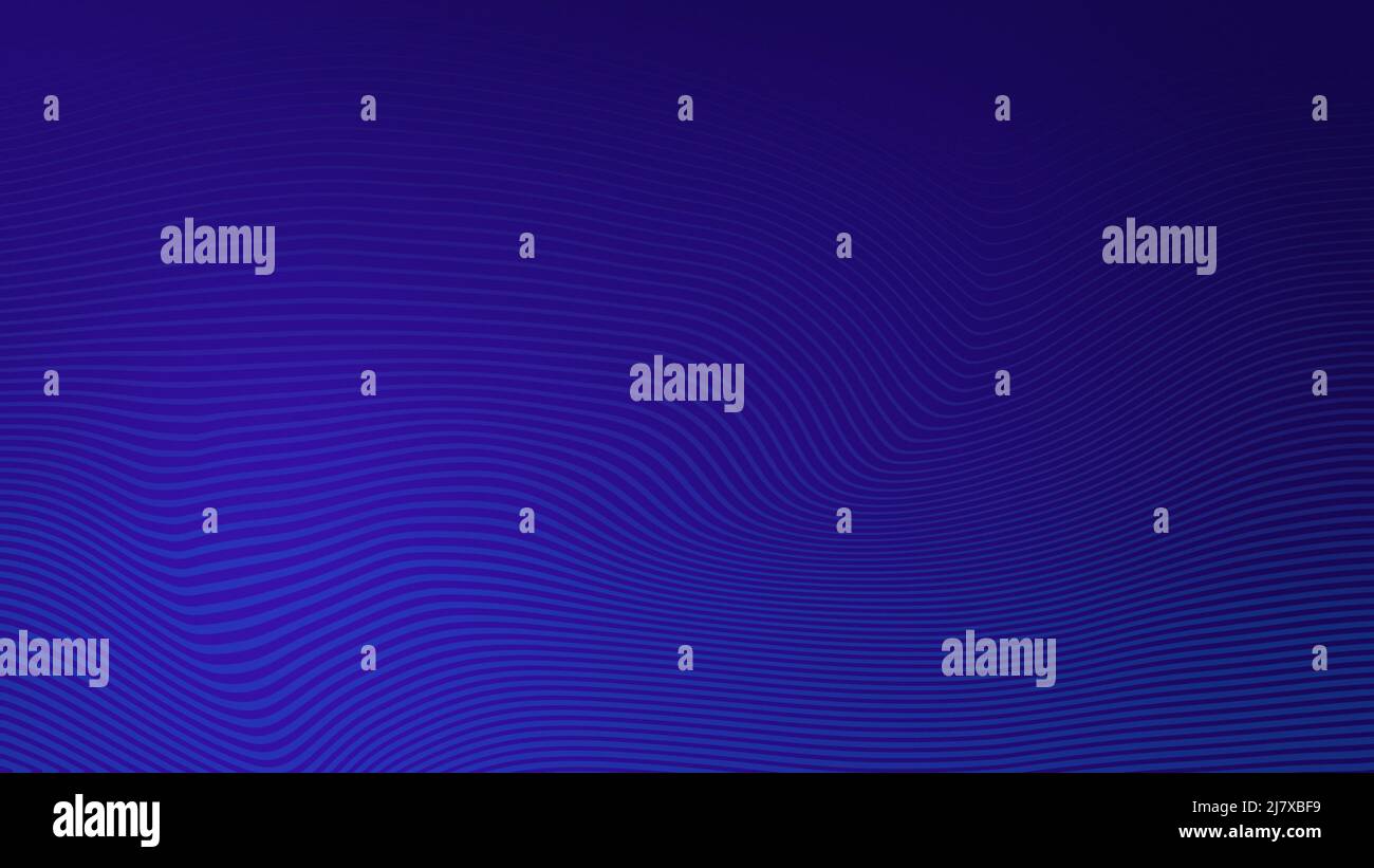 Wellige blaue Linien auf violettem oder dunkelblauem Hintergrund. Moderner und trendiger abstrakter Hintergrund in 4K Auflösung. Fließlinien-Muster. Stockfoto