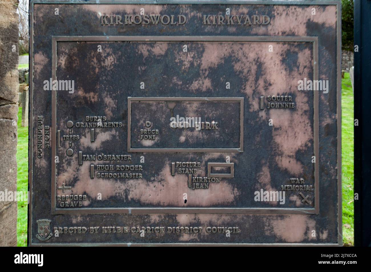 Kirkoswald, Ayrshire, Scotlamd, Großbritannien: Eine Tafel, die die Grabstätten berühmter Persönlichkeiten zeigt, die im Robert Burns Gedicht Tam 0'Shanter verewigt wurden Stockfoto