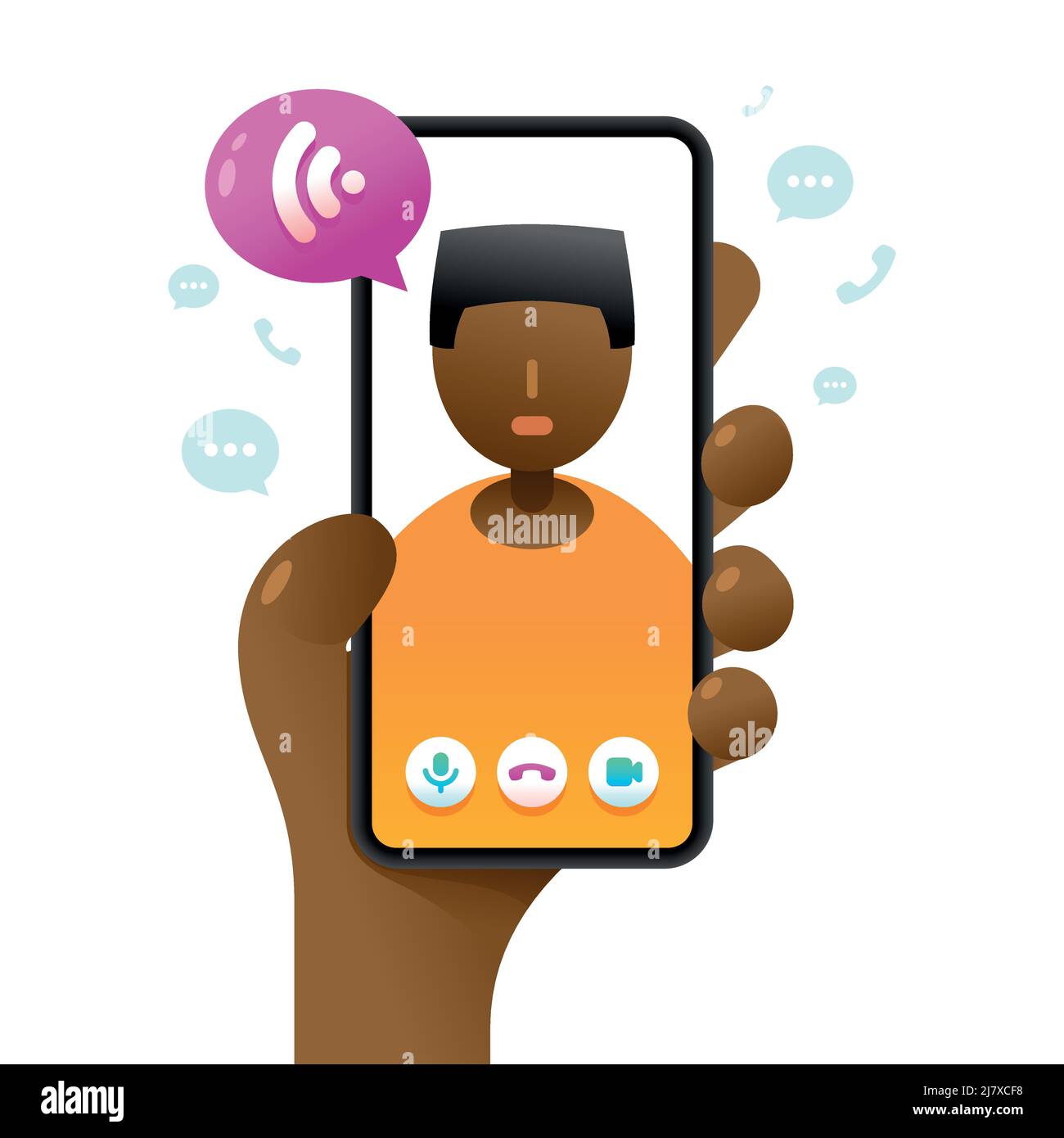 Smartphone-Mockup in menschlicher Hand. Online-Sprachanruf. Vektor bunte Social-Media-Illustration. Instagram, Whatsapp, Skype Stock Vektor