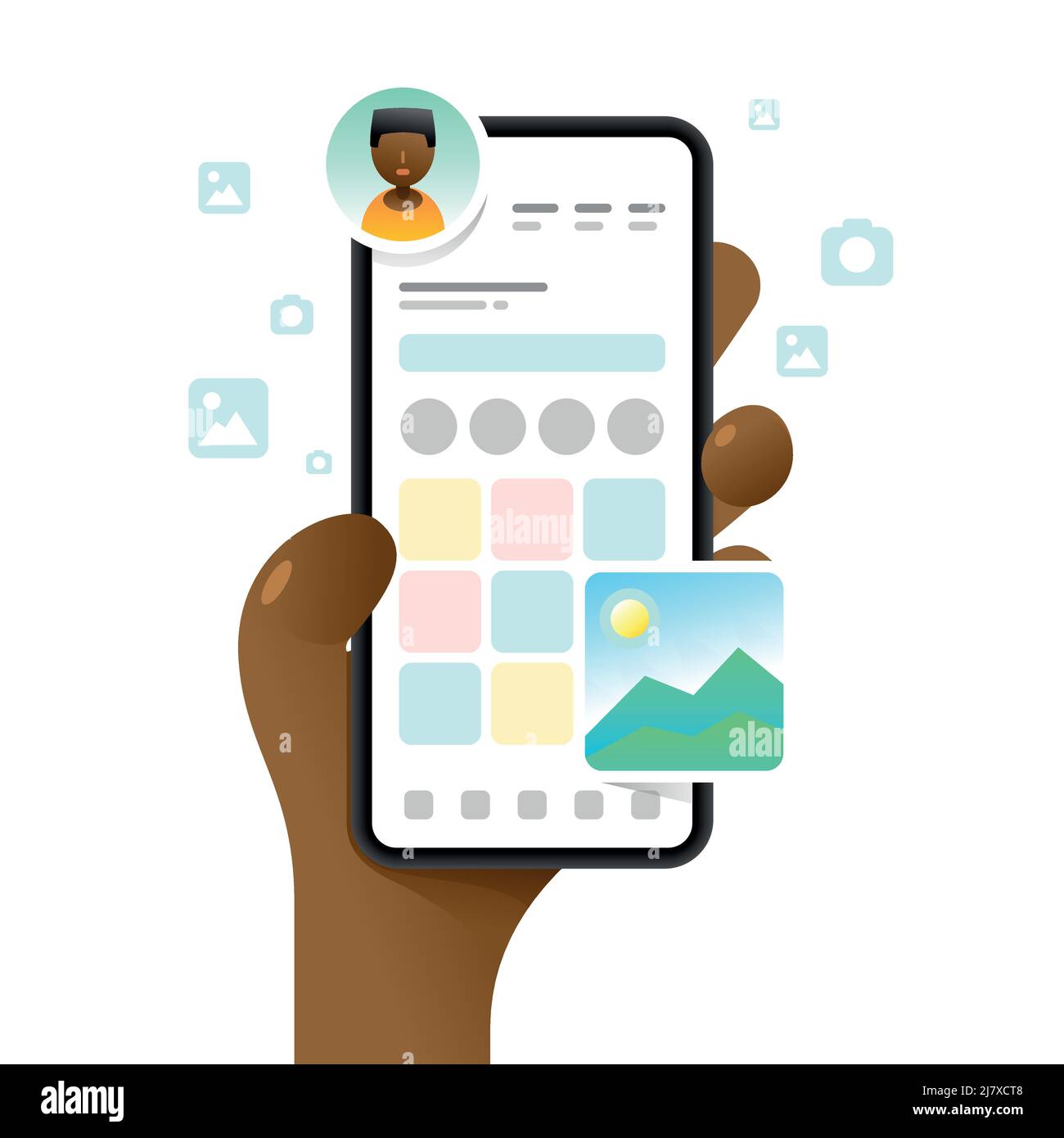 Smartphone-Mockup in menschlicher Hand. App-Dashboard. Hauptbildschirm Profil. Vektor bunte Social-Media-Illustration. Instagram, Whatsapp, Skype Stock Vektor