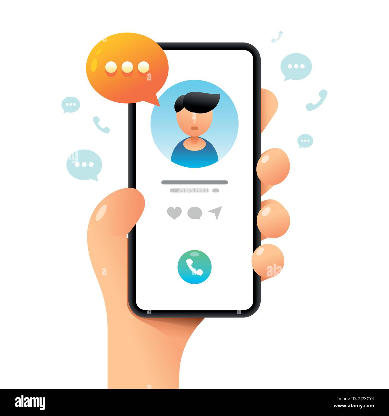 Smartphone-Mockup in menschlicher Hand. Anruf an Kontakt. Vektor bunte Social-Media-Illustration. Instagram, Whatsapp, Skype Stock Vektor