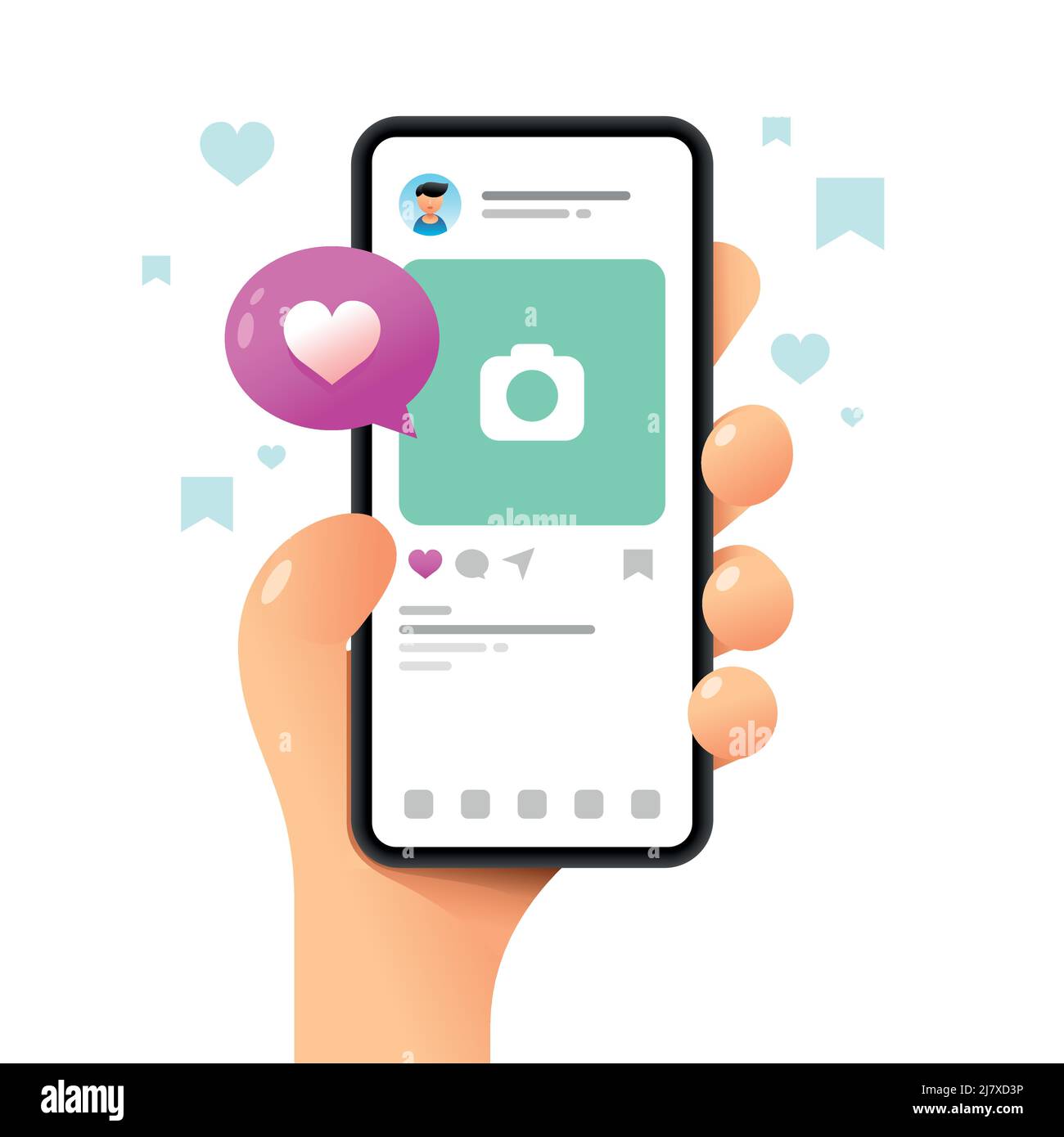 Smartphone-Mockup in menschlicher Hand. In Anwendung posten. Vektor bunte Social-Media-Illustration. Instagram, Whatsapp, Skype Stock Vektor