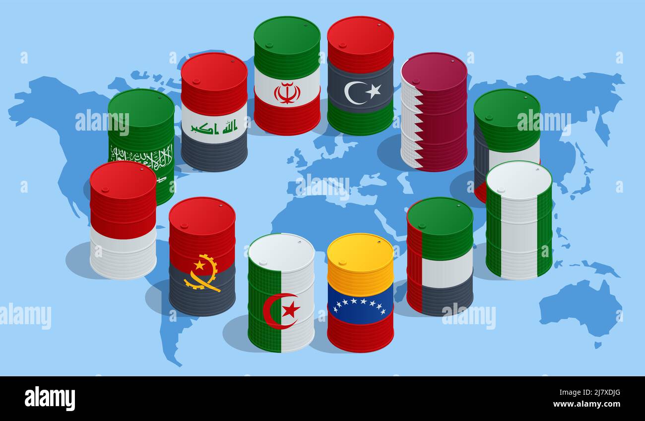 Isometrische Organisation der Erdöl exportierenden Länder, OPEC. Ölförderung. Ölfässer in der Farbe der Flaggen der OPEC-Mitglieder Stock Vektor