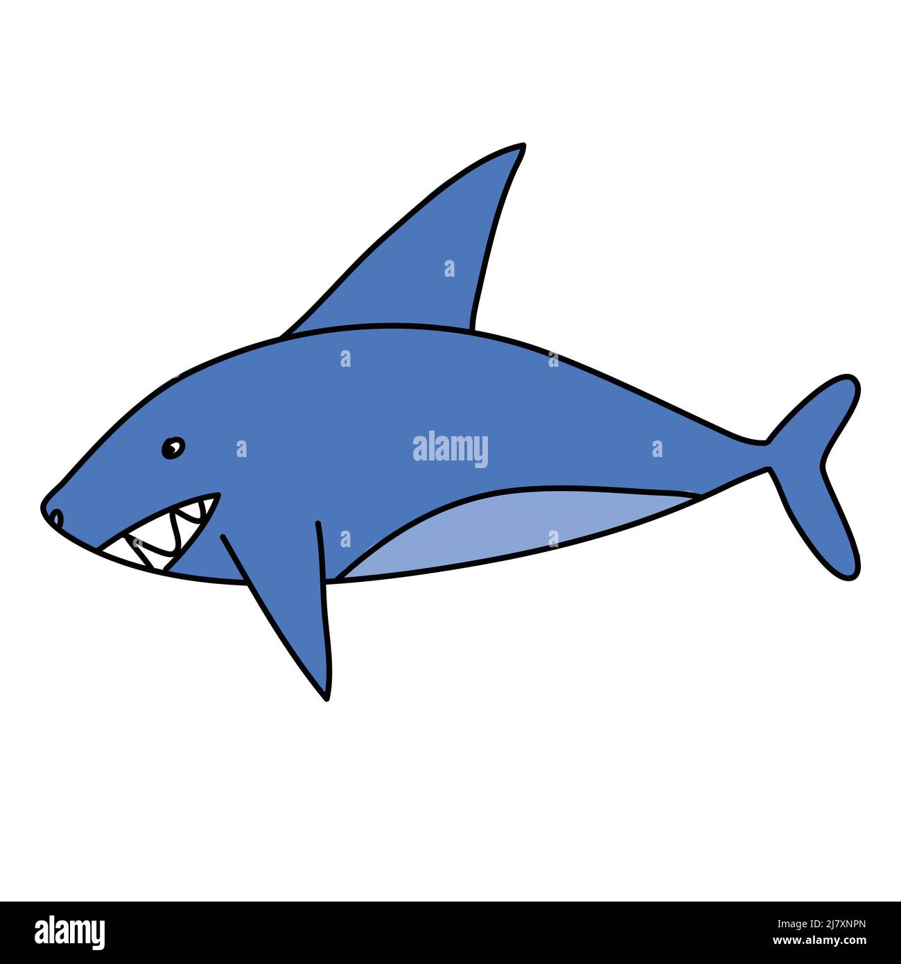 Hai im Doodle-Stil, einfache kindliche Illustration, blauer Hai mit Strich und Zähnen auf Weiß Stock Vektor