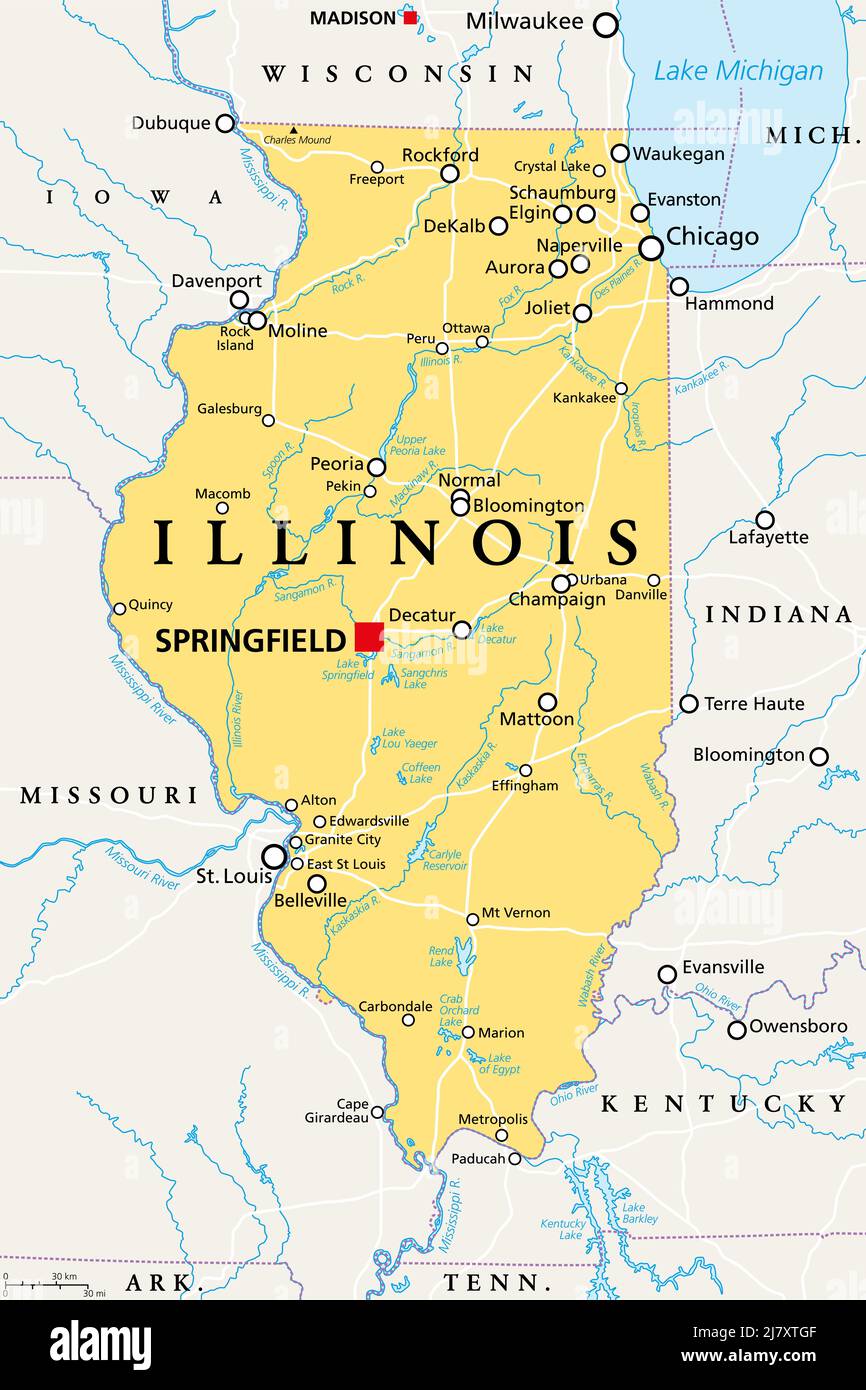 Illinois, IL, politische Karte, mit Hauptstadt Springfield und Metropolregion Chicago. Staat im Mittleren Westen der Vereinigten Staaten. Land of Lincoln. Stockfoto
