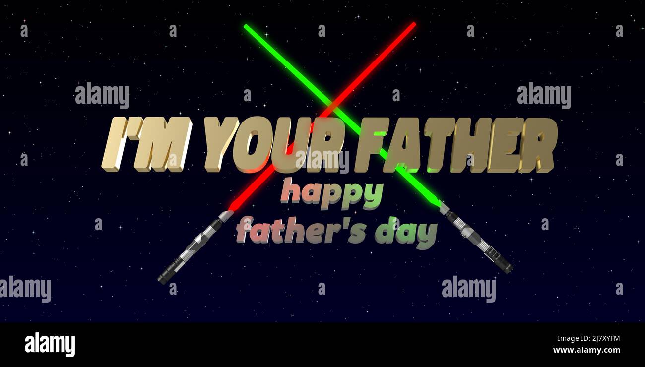 Ich bin euer Vater Happy Father's Day Feier Film Thema Hintergrund. Grußkarte mit 3D gerenderten Laserschwertern. Text auf dunklem Hintergrund mit Kopierbereich Stockfoto