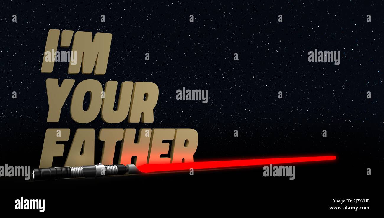 Happy Father's Day Feier im Movie Theme Hintergrund. Ich bin euer Vater Text auf dunklem Hintergrund mit Kopierraum. 3D gerenderte Laserschwert-Begrüßung Stockfoto