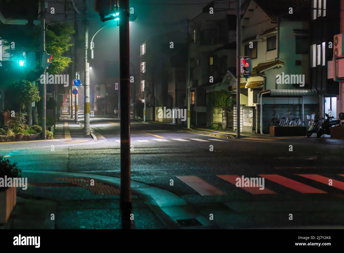 Grüne Ampel im Nebel über leerer Kreuzung und Bürgersteig in der Nacht Stockfoto