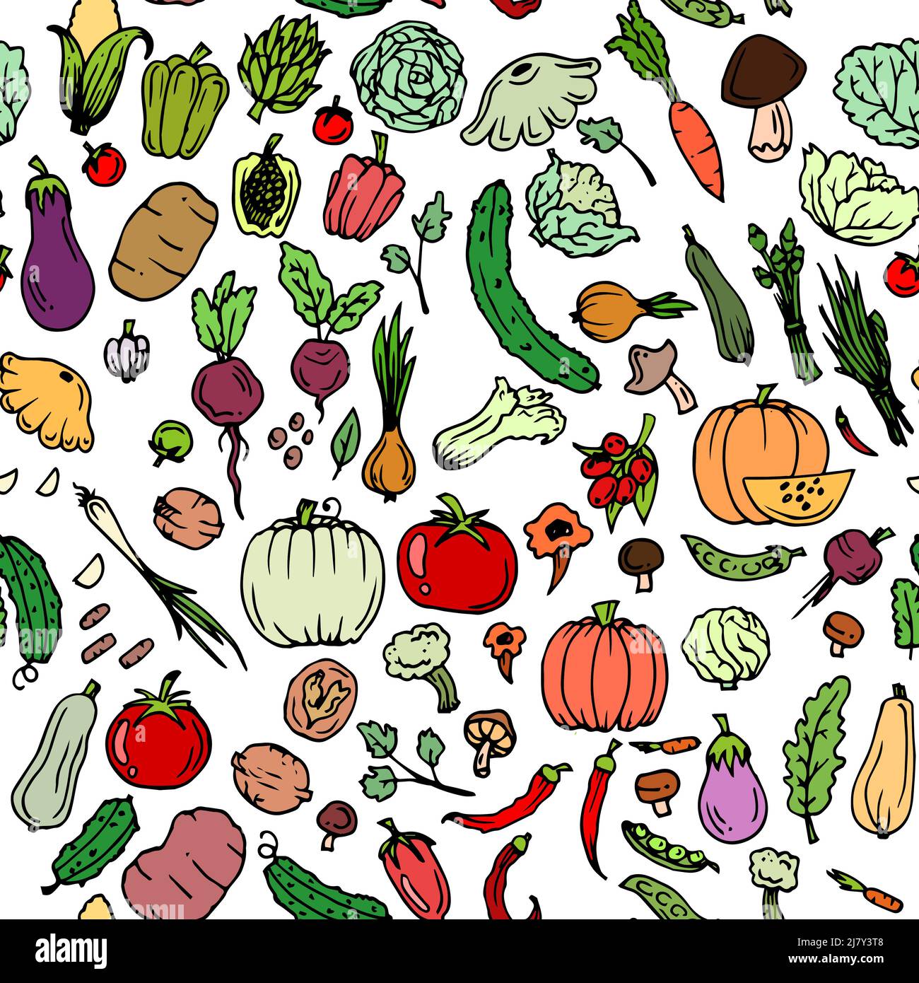 Leckeres Gemüse. Gartenfrüchte. Essbare Lebensmittelpflanzen. Handgezeichnete Umrisse. Nahtloses Muster. Isoliert auf weißem Hintergrund. Vektor Stock Vektor