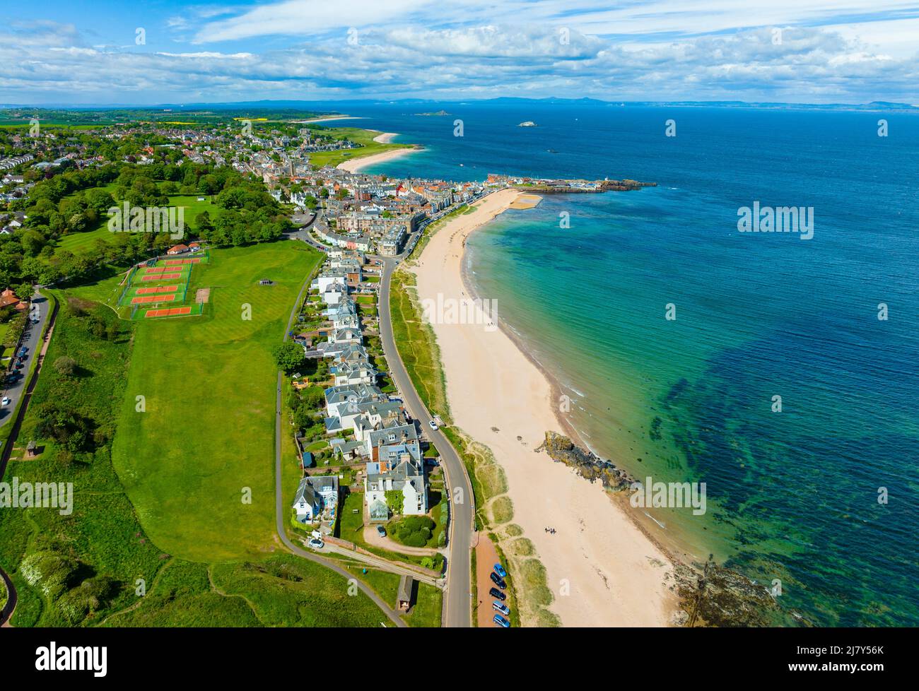 Luftaufnahme des Strandes an der Milsey Bay bei North Berwick in East Lothian, Schottland, Großbritannien Stockfoto