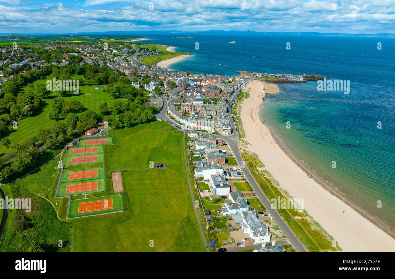 Luftaufnahme des Strandes an der Milsey Bay bei North Berwick in East Lothian, Schottland, Großbritannien Stockfoto