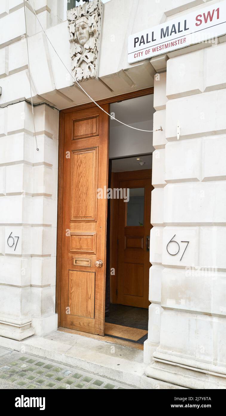 67 Pall Mall, London, England, ein privater Mitgliederclub für Weinliebhaber. Stockfoto