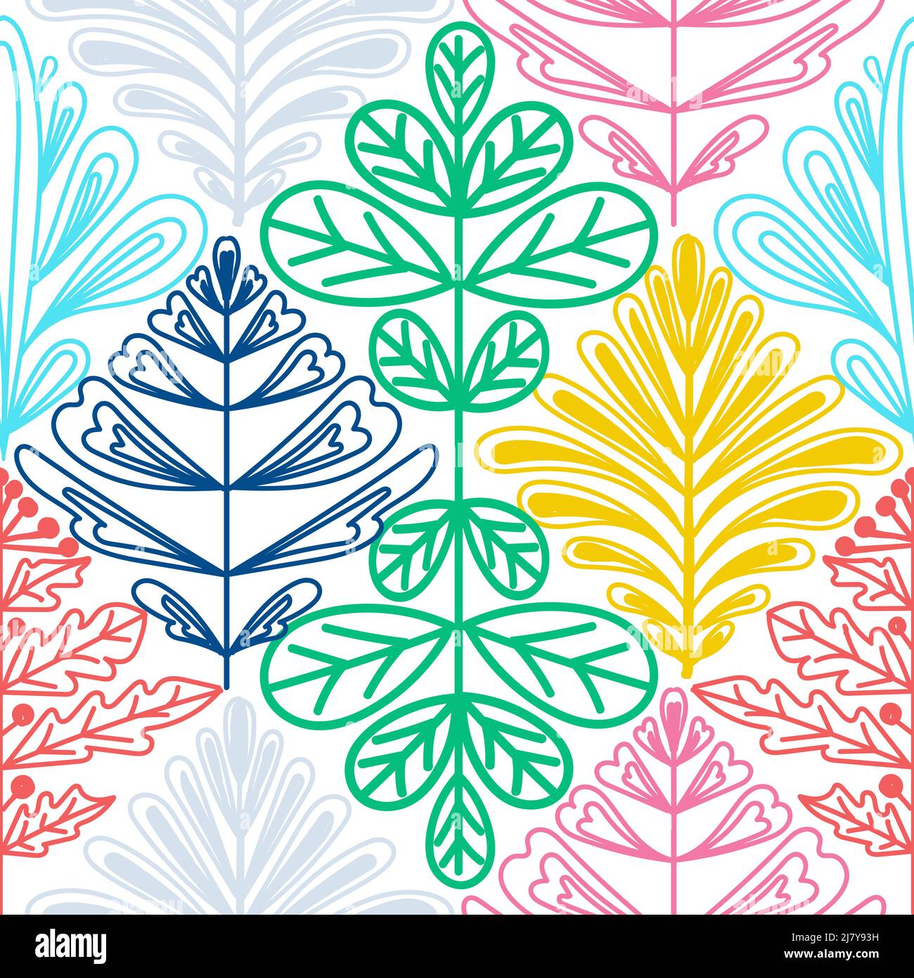 Ein nahtloses Muster aus Pflanzenelementen, ein handgezeichneter Doodle. Fantasieblätter verschiedener Pflanzen. Geometrie. Vektorgrafik Stock Vektor