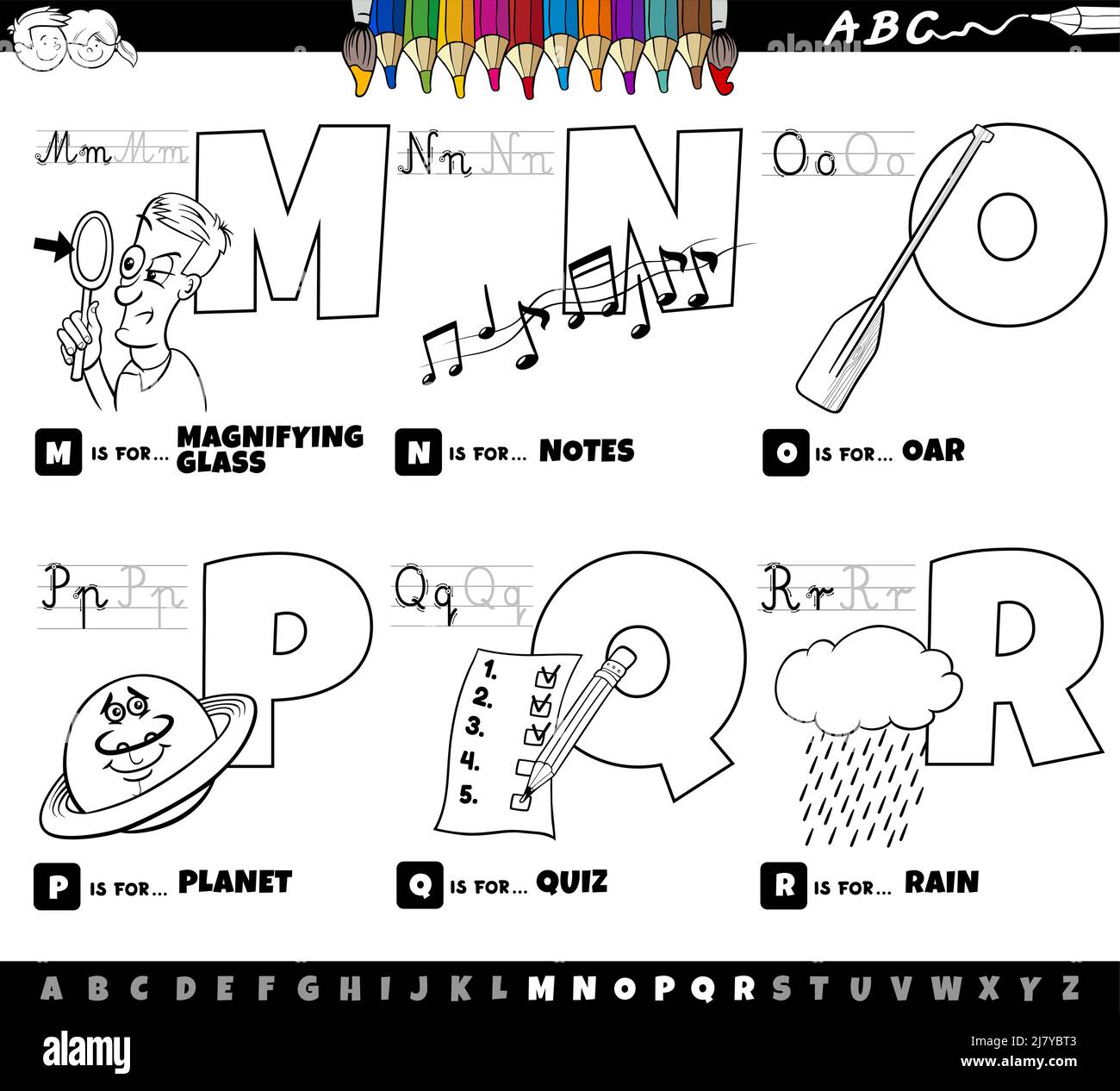 Schwarz-Weiß-Cartoon-Illustration von Großbuchstaben aus Alphabet Lernset zum Lesen und Schreiben Praxis für Kinder aus M bis R colori Stock Vektor