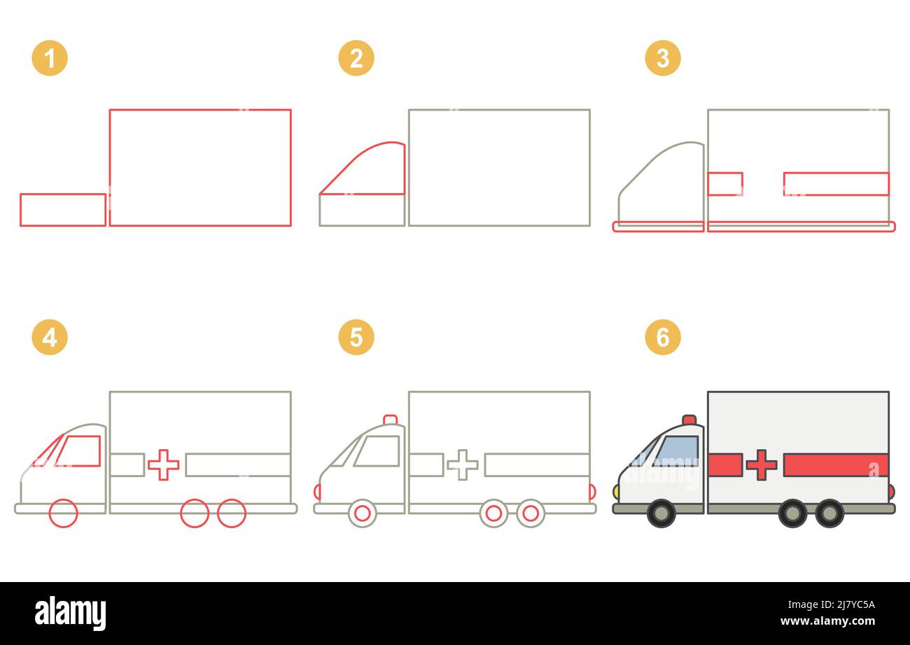 Anweisungen für die Zeichnung Krankenwagen. Schritt für Schritt. Stock Vektor