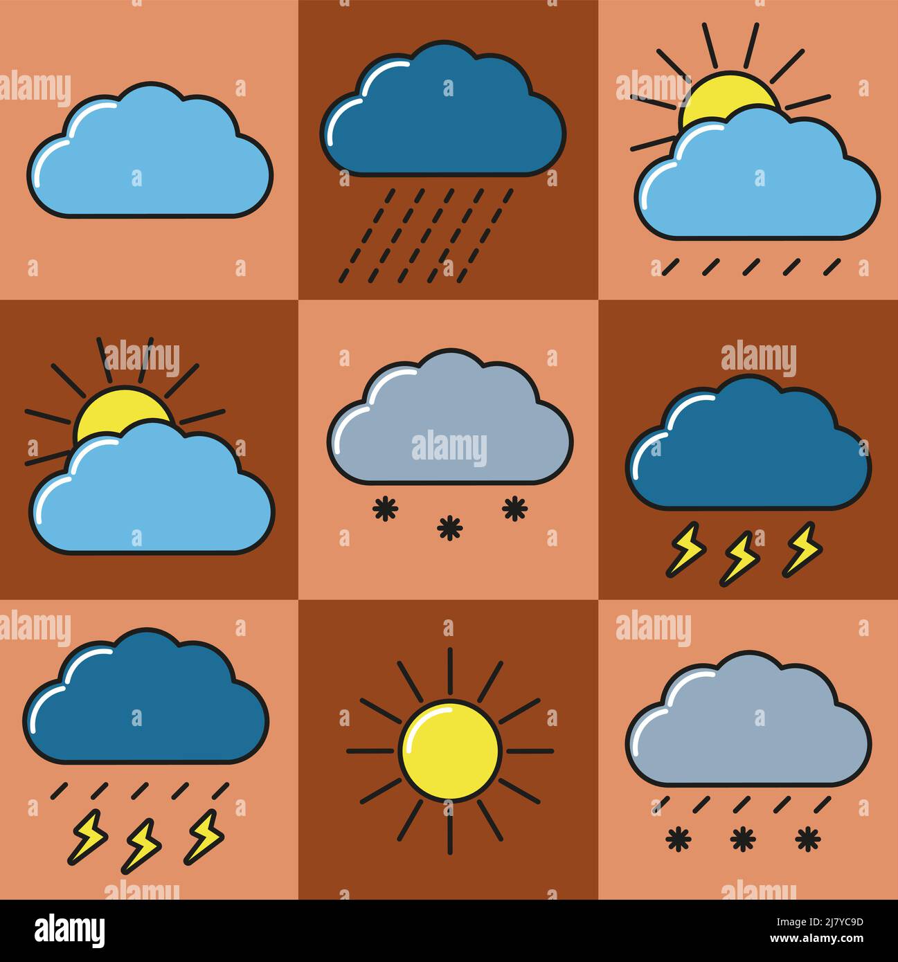 Symbole mit Wetterinformationen. 9 Wettersymbole in flacher Ausführung. Stock Vektor