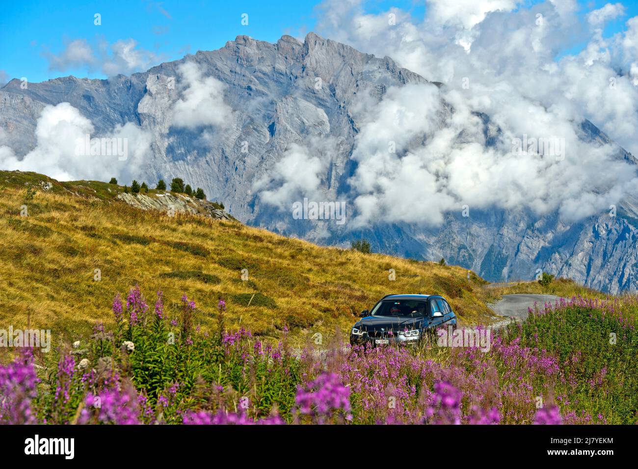 Auto nähert sich dem Croix-de-Coeur Pass, im Hintergrund der Berg Haut de Cry in den Berner Alpen, Col de la Croix de Coeur, Verbier, Wallis, Schweiz Stockfoto