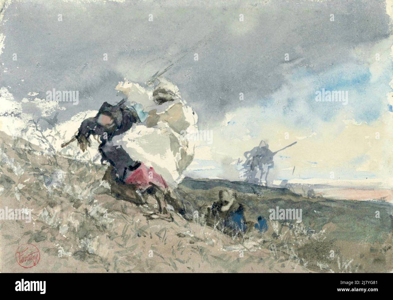 Marià Fortuny - Eine Gruppe arabischer Männer, die in einem starken Sturm wandeln - c1863 Stockfoto