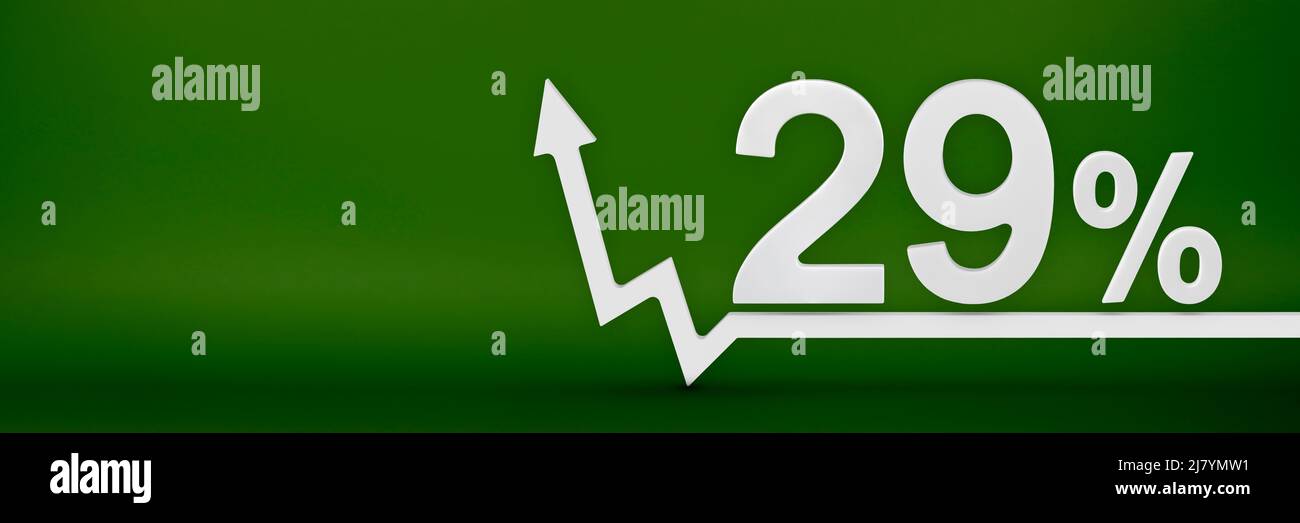 29 Prozent. Der Pfeil im Diagramm zeigt nach oben. Steigende Preise, Inflation, Einkommenszuwachs, Zinserhöhungen, Steuern. 3D Banner, neunundzwanzig Stockfoto