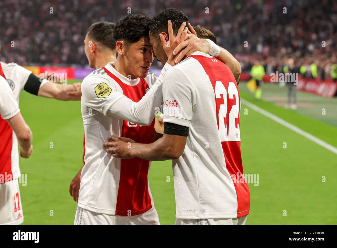 AMSTERDAM, NIEDERLANDE - 11. MAI: Sebastien Haller von Ajax feiert das Tor während des niederländischen Eredivisie-Spiels zwischen Ajax und SC Heerenveen in der Johan Cruijff Arena am 11. Mai 2022 in Amsterdam, Niederlande (Foto: Herman Dingler/Orange Picters) Stockfoto