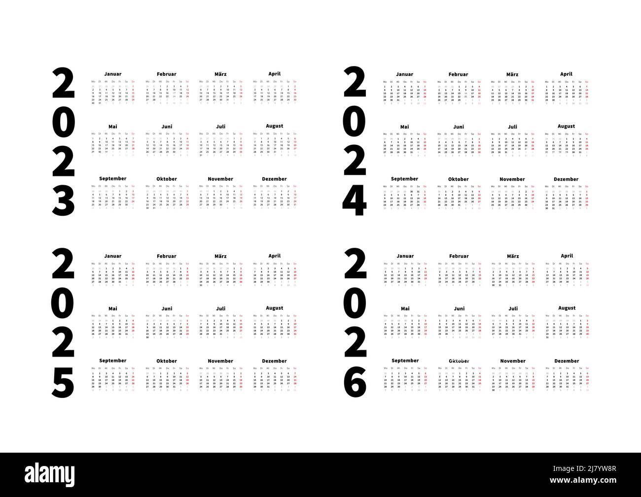 2023, 2024, 2025, 2026 Jahre einfacher horizontaler Kalender in deutscher Sprache, typografische Kalender auf Weiß Stock Vektor