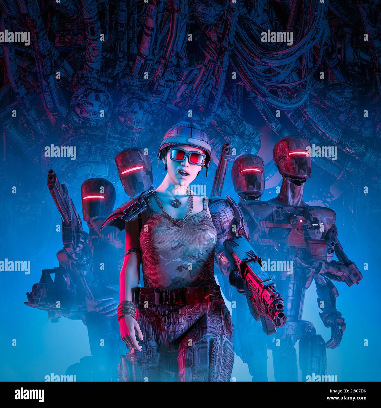 Cyberpunk Soldier girl and Squad - 3D Illustration von Science Fiction militärischen Roboterkriegern und weiblichen Helden, die die außerirdische Festung erkunden Stockfoto
