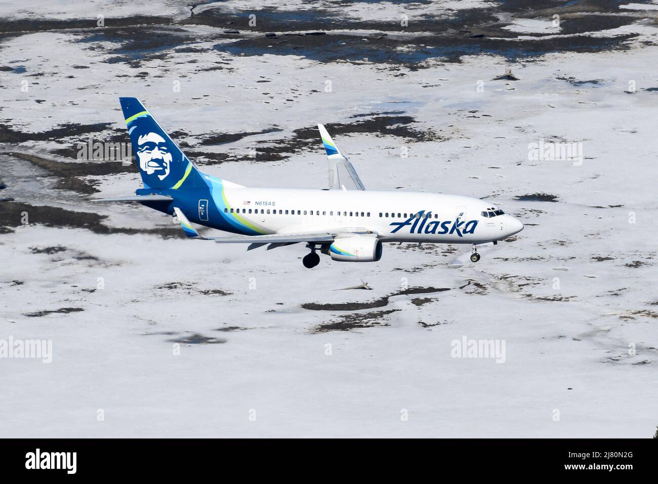 Alaska Airlines Boeing 737-Flugzeug, das in Alaska über Schnee fliegt. Flugzeug, das von oben ankommt. Alaska Airlines 737-700 Flugzeug. Stockfoto