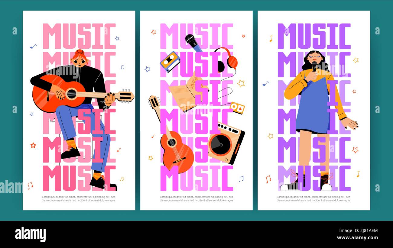Musikplakate mit Sängerinnen und Musikerinnen mit Gitarre. Vector vertikale Banner mit flacher Illustration von Künstlerinnen mit Mikrofon und Instrument führen auf Konzert, Show oder Festival Stock Vektor Musikplakate mit Sängerinnen und Musikerinnen mit Gitarre. Vector vertikale Banner mit flacher Illustration von Künstlerinnen mit Mikrofon und Instrument führen auf Konzert, Show oder Festival Stock Vektor